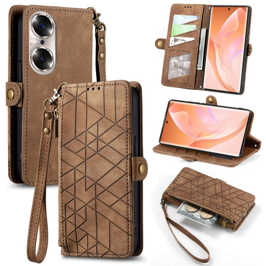 Pour Honor 60 Pro Portefeuille à fermeture éclair géométrique Boucle latérale Étui de téléphone en cuir (Marron)