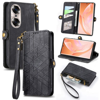 For Honor 60 Pro Geometric Zipper Wallet Side Buckle Leather Phone Case(Black) by buy2fix