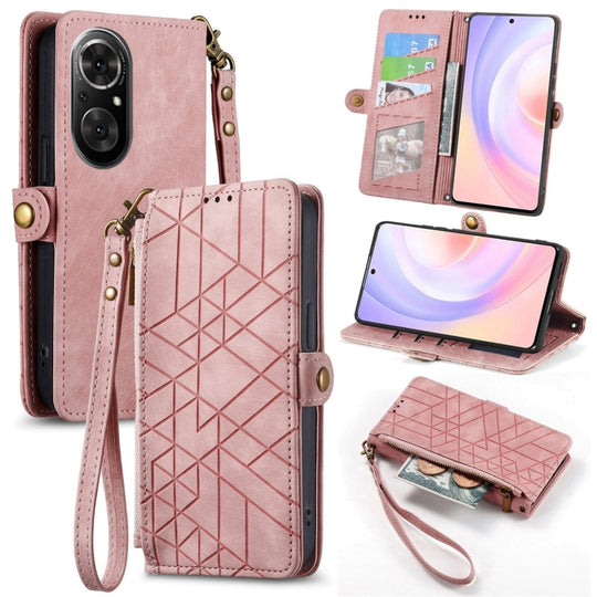 Pour Honor 50 SE Portefeuille à fermeture éclair géométrique Boucle latérale Étui de téléphone en cuir (Rose)