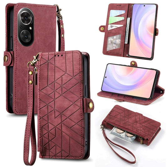 For Honor 50 SE Geometric Zipper Wallet Side Buckle Leather Phone Case(Red) by buy2fix