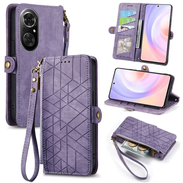 For Honor 50 SE Geometric Zipper Wallet Side Buckle Leather Phone Case(Purple) by buy2fix