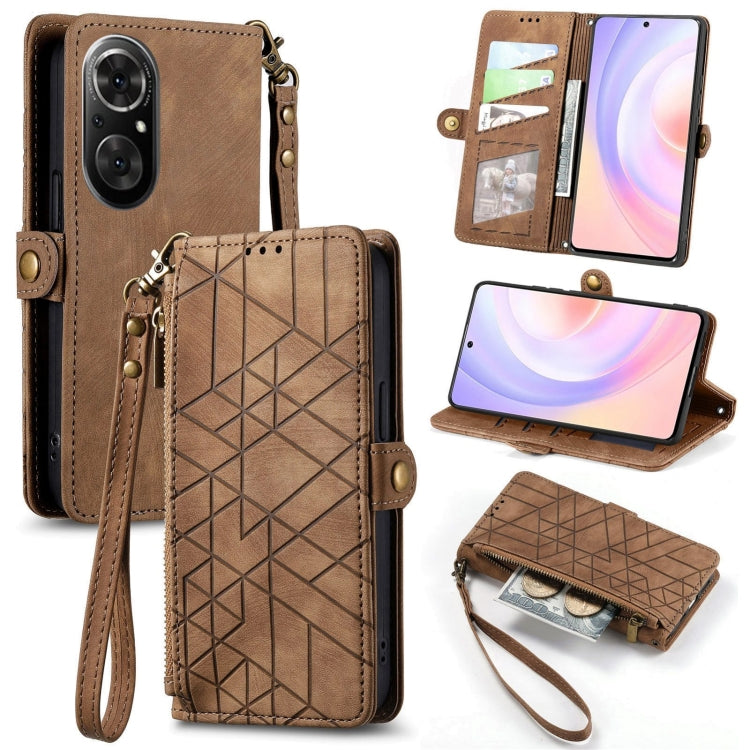 For Honor 50 SE Geometric Zipper Wallet Side Buckle Leather Phone Case(Brown) by buy2fix