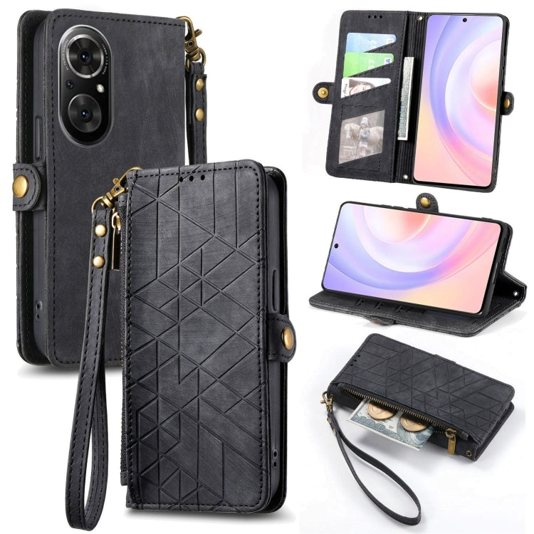 For Honor 50 SE Geometric Zipper Wallet Side Buckle Leather Phone Case(Black) by buy2fix