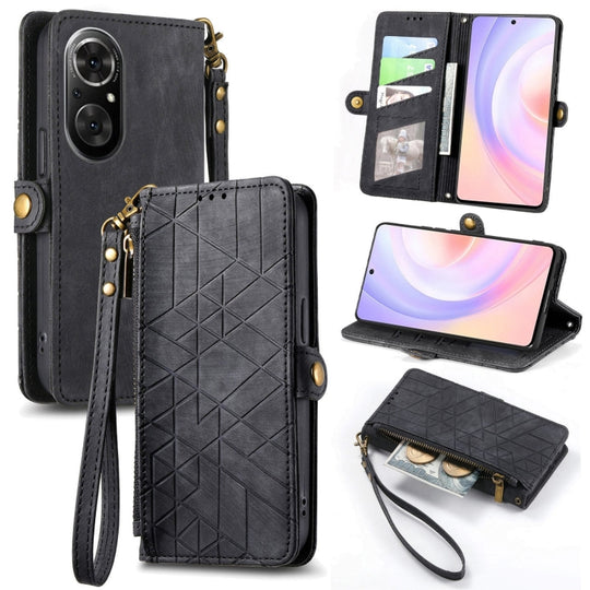 For Honor 50 SE Geometric Zipper Wallet Side Buckle Leather Phone Case(Black)