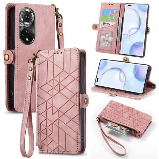 For Honor 50 Pro Geometric Zipper Wallet Side Buckle Leather Phone Case(Pink) by buy2fix