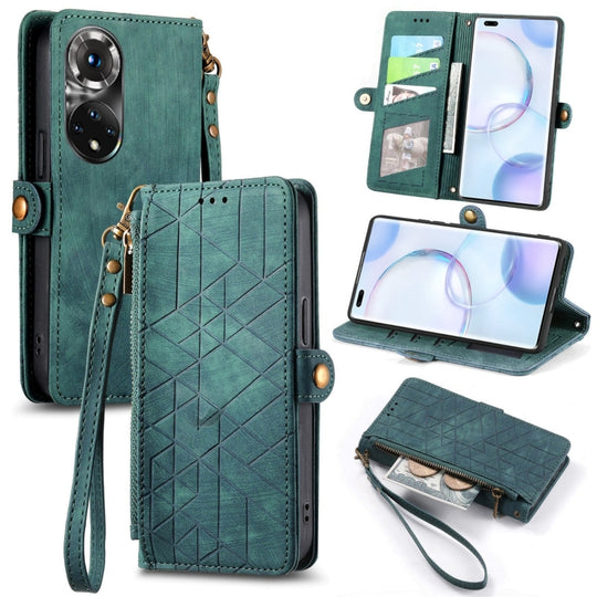 Pour Honor 50 Pro Portefeuille à fermeture éclair géométrique Boucle latérale Étui de téléphone en cuir (Vert)