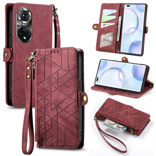 Pour Honor 50 Pro Portefeuille à fermeture éclair géométrique Boucle latérale Étui de téléphone en cuir (rouge)