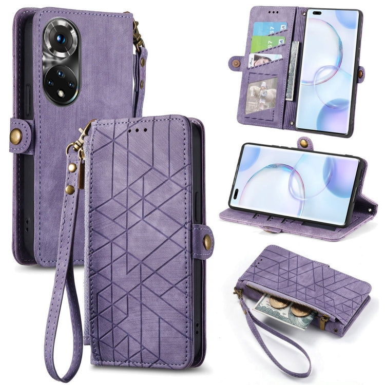 For Honor 50 Pro Geometric Zipper Wallet Side Buckle Leather Phone Case(Purple) by buy2fix