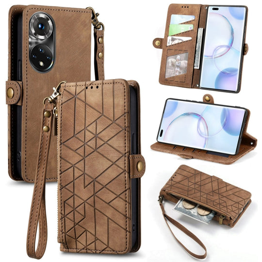 Pour Honor 50 Pro Portefeuille à fermeture éclair géométrique Boucle latérale Étui de téléphone en cuir (Marron)