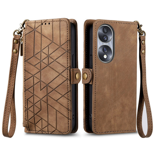 For Honor 50 Pro Geometric Zipper Wallet Side Buckle Leather Phone Case(Brown) by buy2fix