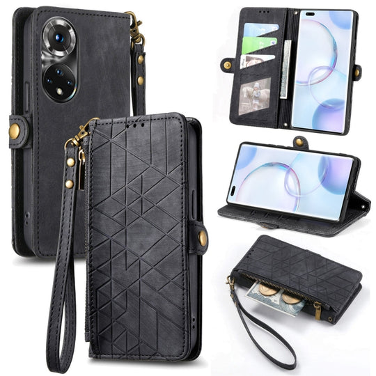 Pour Honor 50 Pro Portefeuille à fermeture éclair géométrique Boucle latérale Étui de téléphone en cuir (Noir)