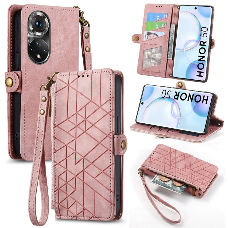 For Honor 50 Geometric Zipper Wallet Side Buckle Leather Phone Case(Pink) by buy2fix