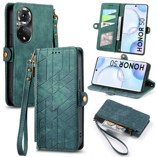 Pour Honor 50 Portefeuille à fermeture éclair géométrique Boucle latérale Étui de téléphone en cuir (Vert)