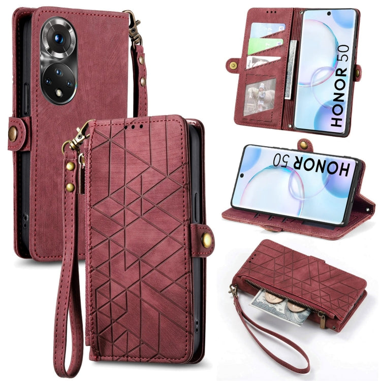 For Honor 50 Geometric Zipper Wallet Side Buckle Leather Phone Case(Red) by buy2fix