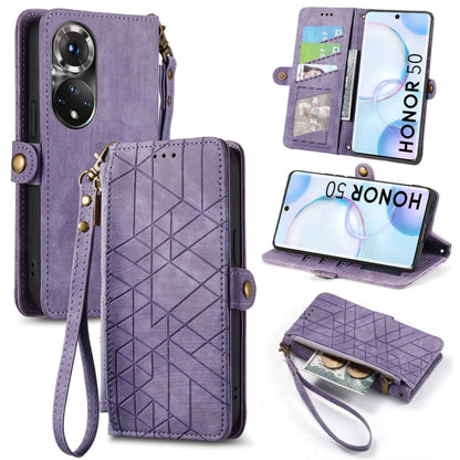 For Honor 50 Geometric Zipper Wallet Side Buckle Leather Phone Case(Purple) by buy2fix