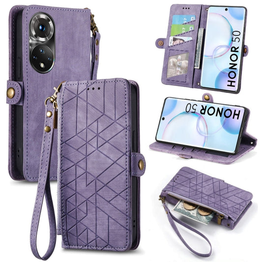 For Honor 50 Geometric Zipper Wallet Side Buckle Leather Phone Case(Purple) by buy2fix