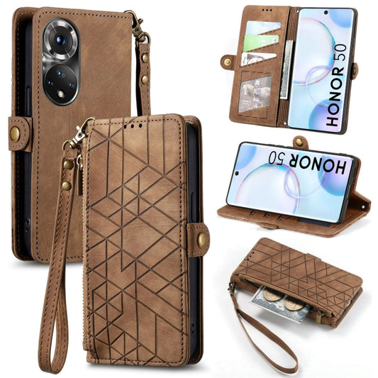 For Honor 50 Geometric Zipper Wallet Side Buckle Leather Phone Case(Brown) by buy2fix