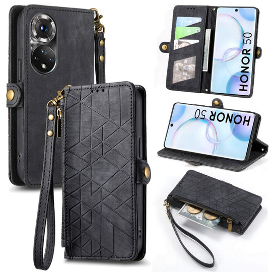 Pour Honor 50 Portefeuille à fermeture éclair géométrique Boucle latérale Étui de téléphone en cuir (Noir)