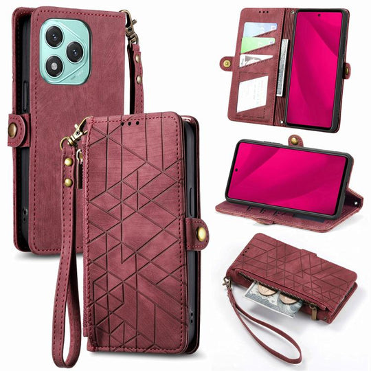 For Honor 400 Lite Global Geometric Zipper Wallet Side Buckle Leather Phone Case(Red)