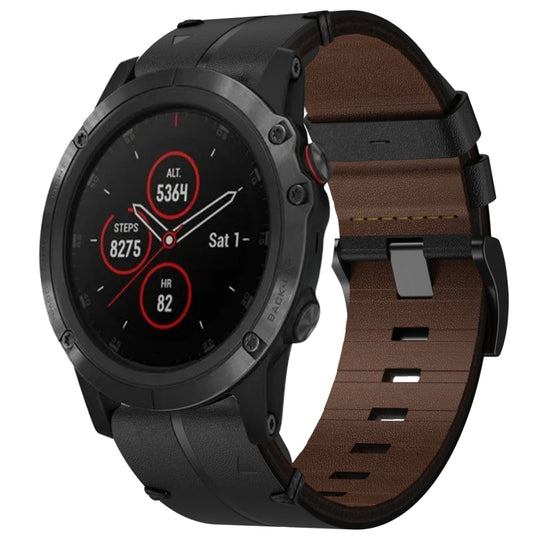 For Garmin Fenix 5X Plus Leather Textured 26mm Watch Band(Black)