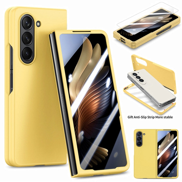 For Samsung Galaxy Z Fold5 JUNSUNMAY Smoothly PC + 9H Tempered Glass Protector Folding Phone Case(Yellow) - Galaxy Z Fold5 Cases by JUNSUNMAY | Online Shopping UK | buy2fix