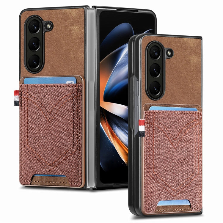 For Samsung Galaxy Z Fold5 JUNSUNMAY Denim Pattern Leather Skin PC Folding Phone Case with Card Slot(Brown) - Galaxy Z Fold5 Cases by JUNSUNMAY | Online Shopping UK | buy2fix