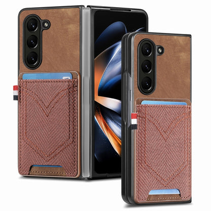 For Samsung Galaxy Z Fold5 JUNSUNMAY Denim Pattern Leather Skin PC Folding Phone Case with Card Slot(Brown) - Galaxy Z Fold5 Cases by JUNSUNMAY | Online Shopping UK | buy2fix