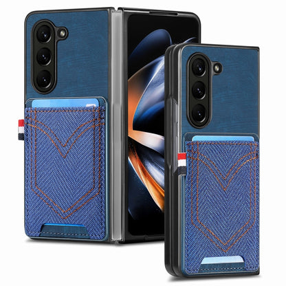 For Samsung Galaxy Z Fold5 JUNSUNMAY Denim Pattern Leather Skin PC Folding Phone Case with Card Slot(Blue) - Galaxy Z Fold5 Cases by JUNSUNMAY | Online Shopping UK | buy2fix