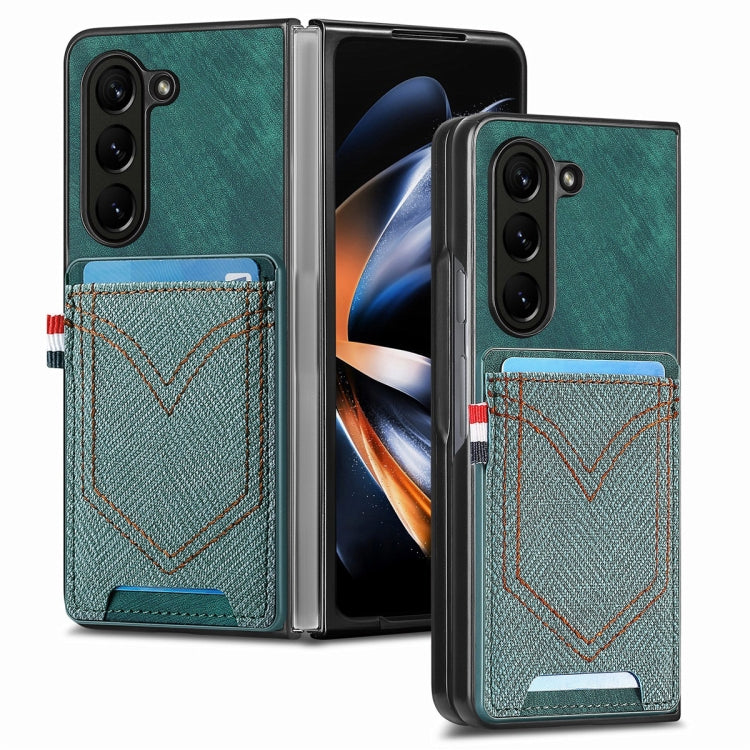 For Samsung Galaxy Z Fold5 JUNSUNMAY Denim Pattern Leather Skin PC Folding Phone Case with Card Slot(Green) - Galaxy Z Fold5 Cases by JUNSUNMAY | Online Shopping UK | buy2fix