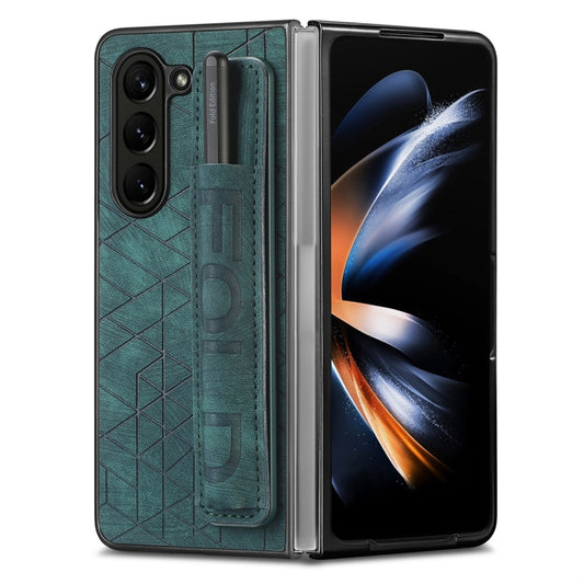 For Samsung Galaxy Z Fold5 JUNSUNMAY Retro Pattern Leather Skin PC Folding Phone Case with Pen Slot(Green) - Galaxy Z Fold5 Cases by JUNSUNMAY | Online Shopping UK | buy2fix