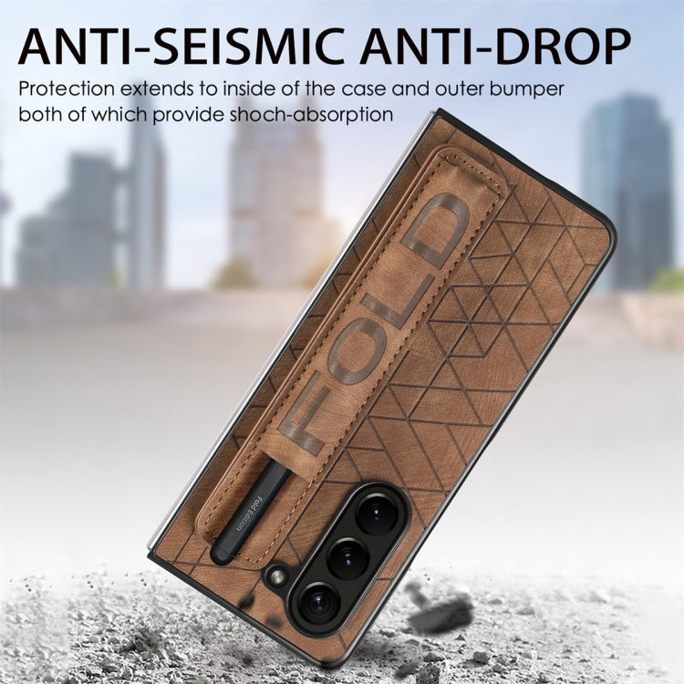 For Samsung Galaxy Z Fold5 JUNSUNMAY Retro Pattern Leather Skin PC Folding Phone Case with Pen Slot(Brown) - Galaxy Z Fold5 Cases by JUNSUNMAY | Online Shopping UK | buy2fix