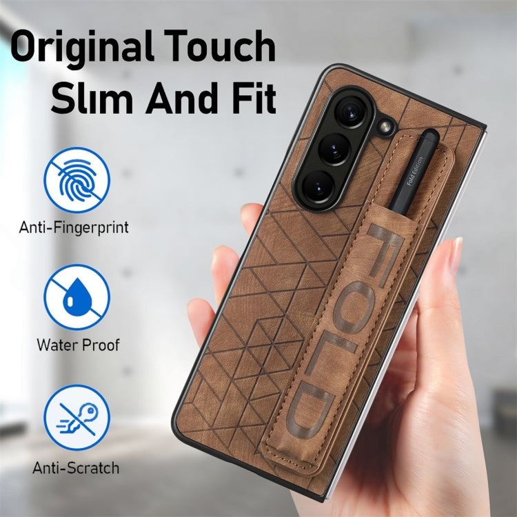 For Samsung Galaxy Z Fold5 JUNSUNMAY Retro Pattern Leather Skin PC Folding Phone Case with Pen Slot(Brown) - Galaxy Z Fold5 Cases by JUNSUNMAY | Online Shopping UK | buy2fix