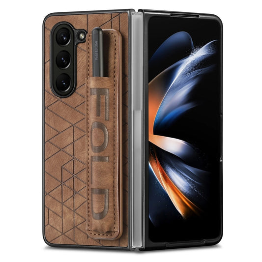 For Samsung Galaxy Z Fold6 JUNSUNMAY Retro Pattern Leather Skin PC Folding Phone Case with Pen Slot(Brown) - Galaxy Z Fold6 5G Cases by JUNSUNMAY | Online Shopping UK | buy2fix