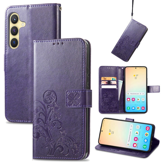 For Galaxy S24 5G Four-leaf Clasp Embossed Buckle Leather Phone Case(Purple)
