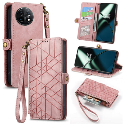 For OnePlus 11 Geometric Zipper Wallet Side Buckle Leather Phone Case(Pink) - OnePlus Cases by buy2fix | Online Shopping UK | buy2fix