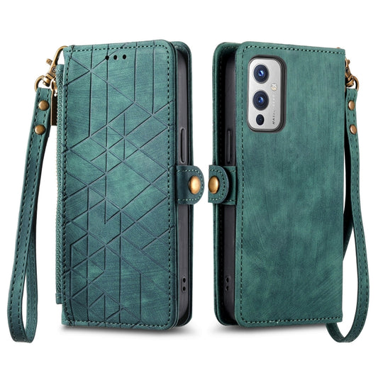 For OnePlus 11 Geometric Zipper Wallet Side Buckle Leather Phone Case(Green) by buy2fix