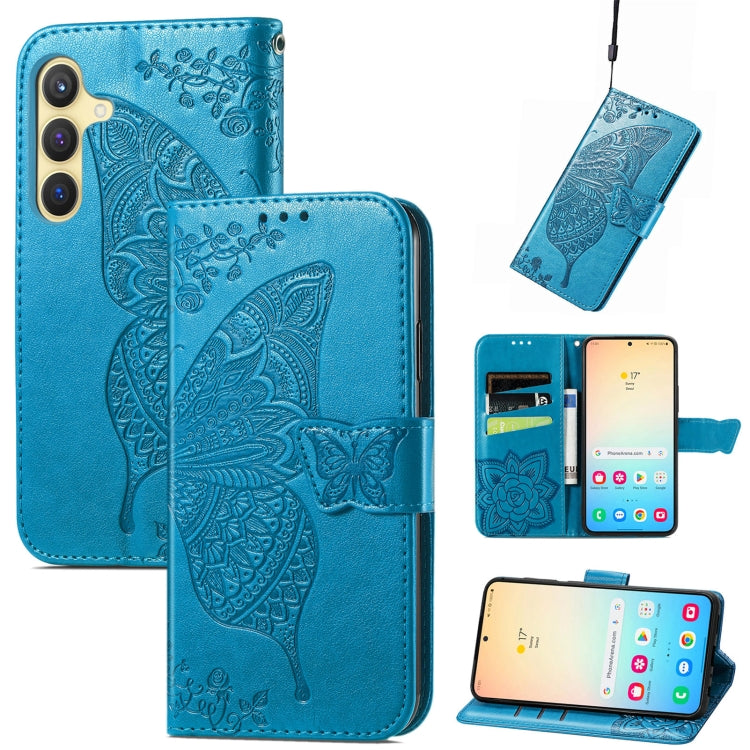 For Samsung Galaxy S25 5G Butterfly Love Flower Embossed Leather Phone Case(Blue) - Galaxy S25 5G Cases by buy2fix | Online Shopping UK | buy2fix