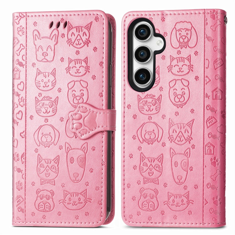 For Samsung Galaxy S23 FE 5G Cat and Dog Embossed Leather Phone Case(Pink) by buy2fix