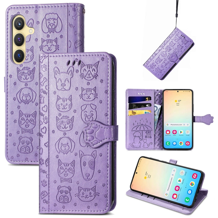 For Samsung Galaxy S25 5G Cat and Dog Embossed Leather Phone Case(Purple) by buy2fix