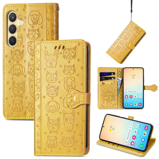 For Samsung Galaxy S25 5G Cat and Dog Embossed Leather Phone Case(Yellow) - Galaxy S25 5G Cases by buy2fix | Online Shopping UK | buy2fix