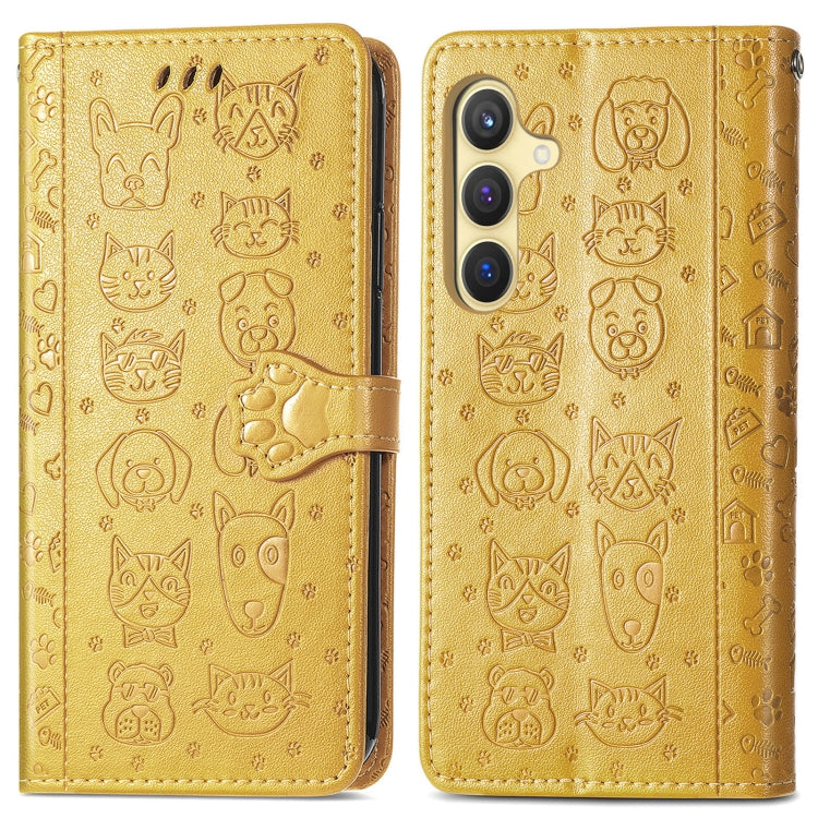 For Samsung Galaxy S25 5G Cat and Dog Embossed Leather Phone Case(Yellow) - Galaxy S25 5G Cases by buy2fix | Online Shopping UK | buy2fix