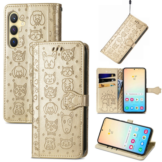 For Samsung Galaxy S25 5G Cat and Dog Embossed Leather Phone Case(Gold) - Galaxy S25 5G Cases by buy2fix | Online Shopping UK | buy2fix