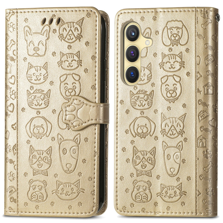 For Samsung Galaxy S25 5G Cat and Dog Embossed Leather Phone Case(Gold) - Galaxy S25 5G Cases by buy2fix | Online Shopping UK | buy2fix