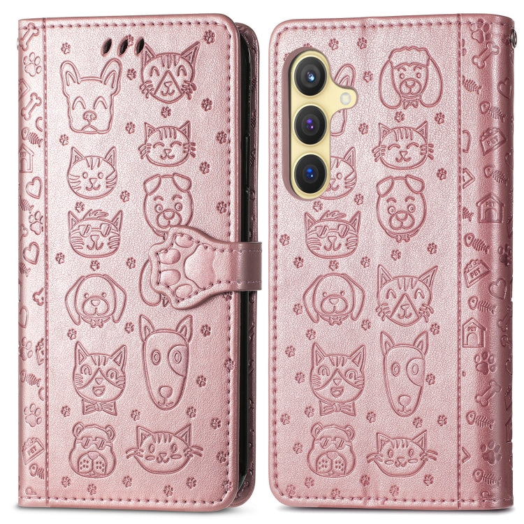 For Samsung Galaxy S25 5G Cat and Dog Embossed Leather Phone Case(Rose Gold) - Galaxy S25 5G Cases by buy2fix | Online Shopping UK | buy2fix