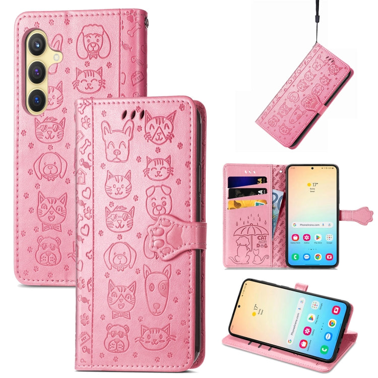 For Samsung Galaxy S25 5G Cat and Dog Embossed Leather Phone Case(Pink) - Galaxy S25 5G Cases by buy2fix | Online Shopping UK | buy2fix