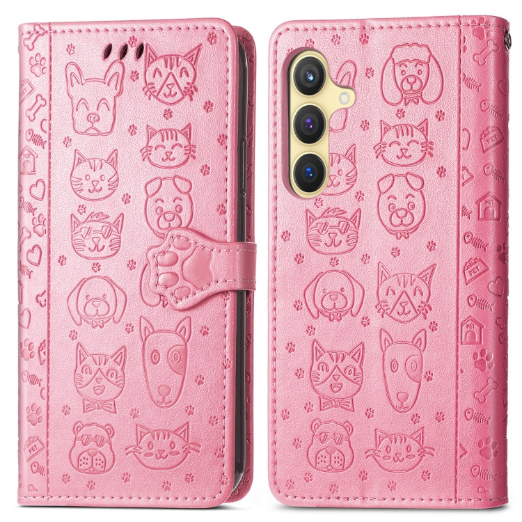 For Samsung Galaxy S25 5G Cat and Dog Embossed Leather Phone Case(Pink) - Galaxy S25 5G Cases by buy2fix | Online Shopping UK | buy2fix