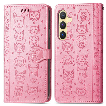 For Samsung Galaxy S25 5G Cat and Dog Embossed Leather Phone Case(Pink) - Galaxy S25 5G Cases by buy2fix | Online Shopping UK | buy2fix