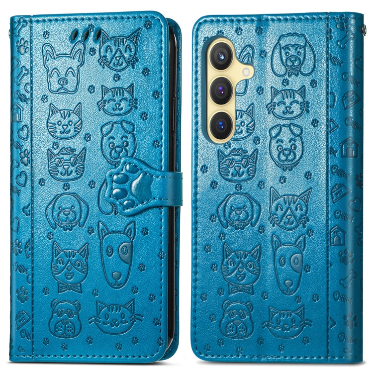 For Samsung Galaxy S25 5G Cat and Dog Embossed Leather Phone Case(Blue) - Galaxy S25 5G Cases by buy2fix | Online Shopping UK | buy2fix