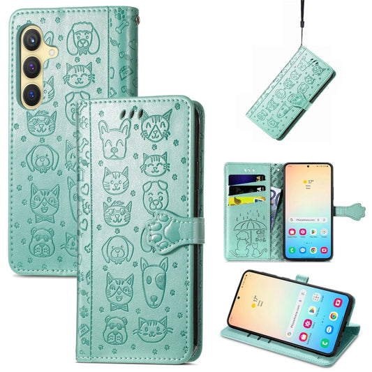 For Samsung Galaxy S25 5G Cat and Dog Embossed Leather Phone Case(Green) - Galaxy S25 5G Cases by buy2fix | Online Shopping UK | buy2fix