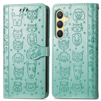 For Samsung Galaxy S25 5G Cat and Dog Embossed Leather Phone Case(Green) - Galaxy S25 5G Cases by buy2fix | Online Shopping UK | buy2fix